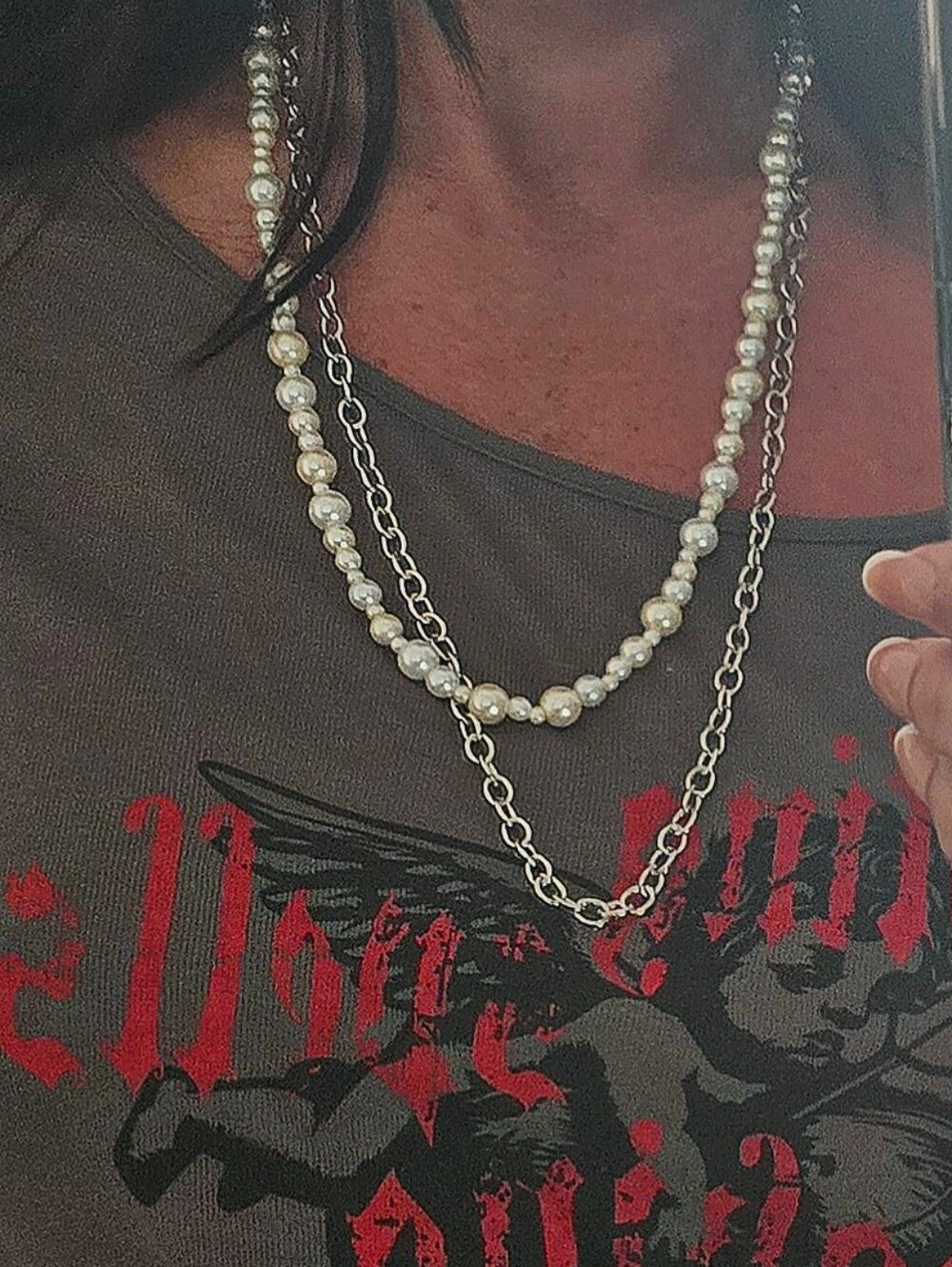 Long Double Chain Metal Pearl Necklace, Layering, New!